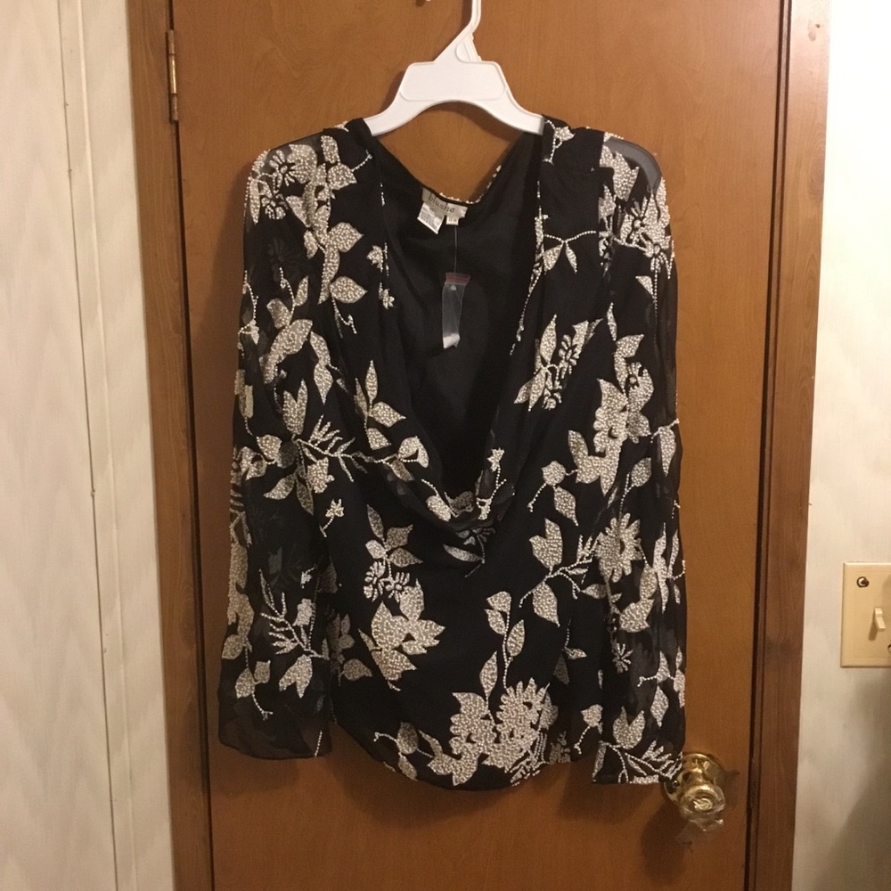 Black Floral-Embroidered  Beaded V-Neck Cowl Neck Blouse 18